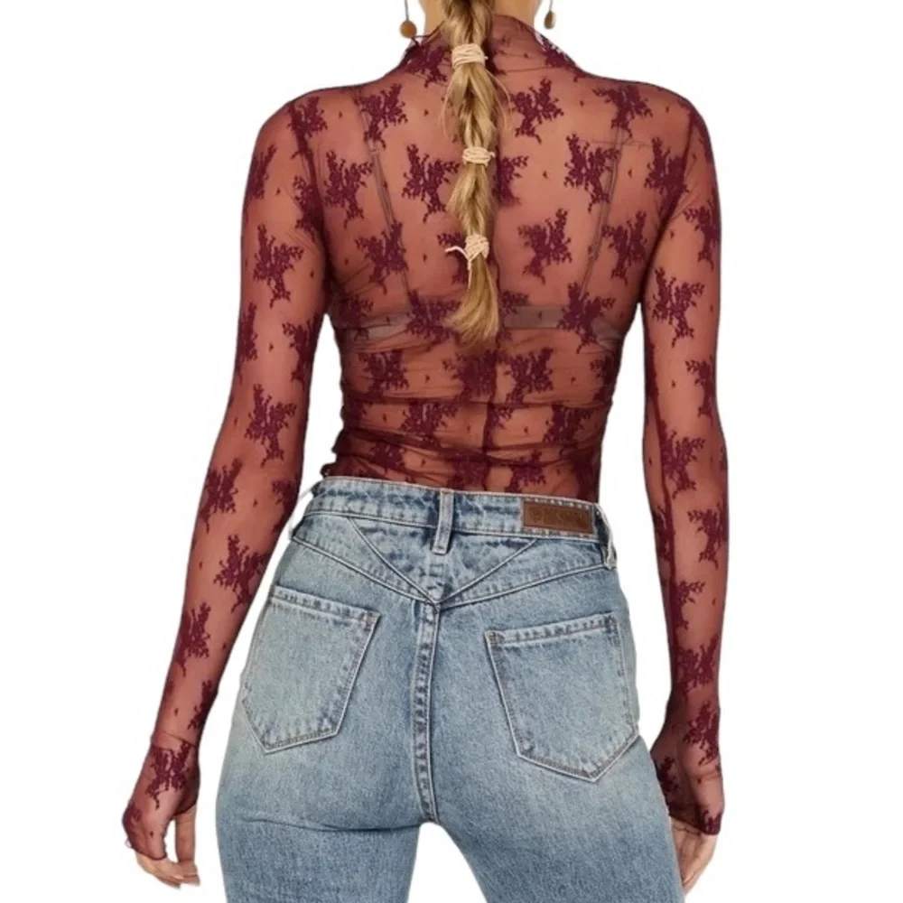 Free People Sheer Floral Long Sleeve Top in Dusty Rose